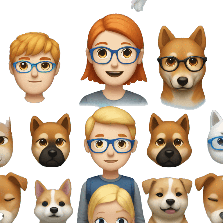 A blonde man with light blue eyes and blue glasses, a redheaded woman with grey eyes and a Shiba Inu hugging emoji