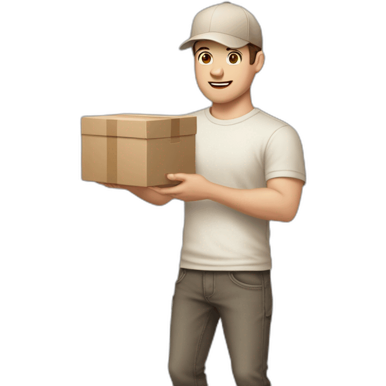 Pale skinned fit Man with dark brown hair in a beige cap, gray jeans, brown polo and white T-shirt keeping a pasted with tape white box into his hands emoji