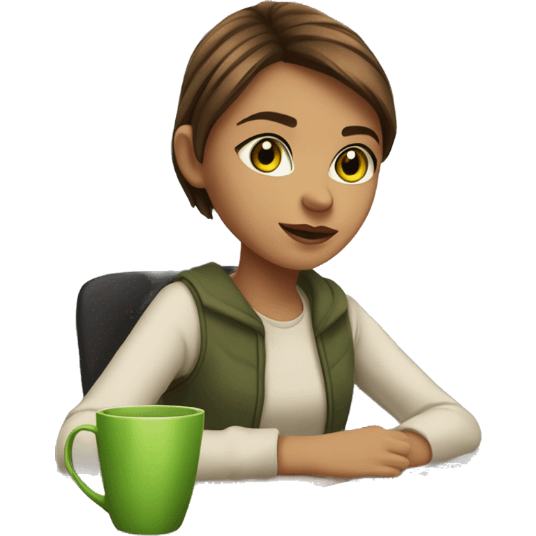 A young girl with straight brown short hair and brown-green eyes is sitting at a desk with a laptop, books are lying next to it and there is a cup of tea emoji