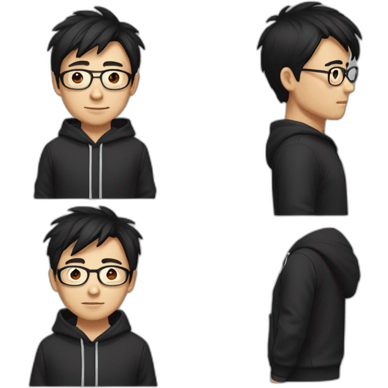 A mature Chinese boy with black hair and eyeglasses wearing black hoodie emoji