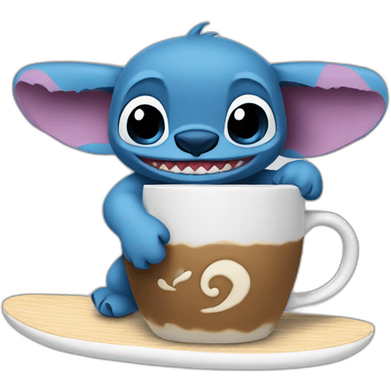 Stich drinking coffee and surfing emoji