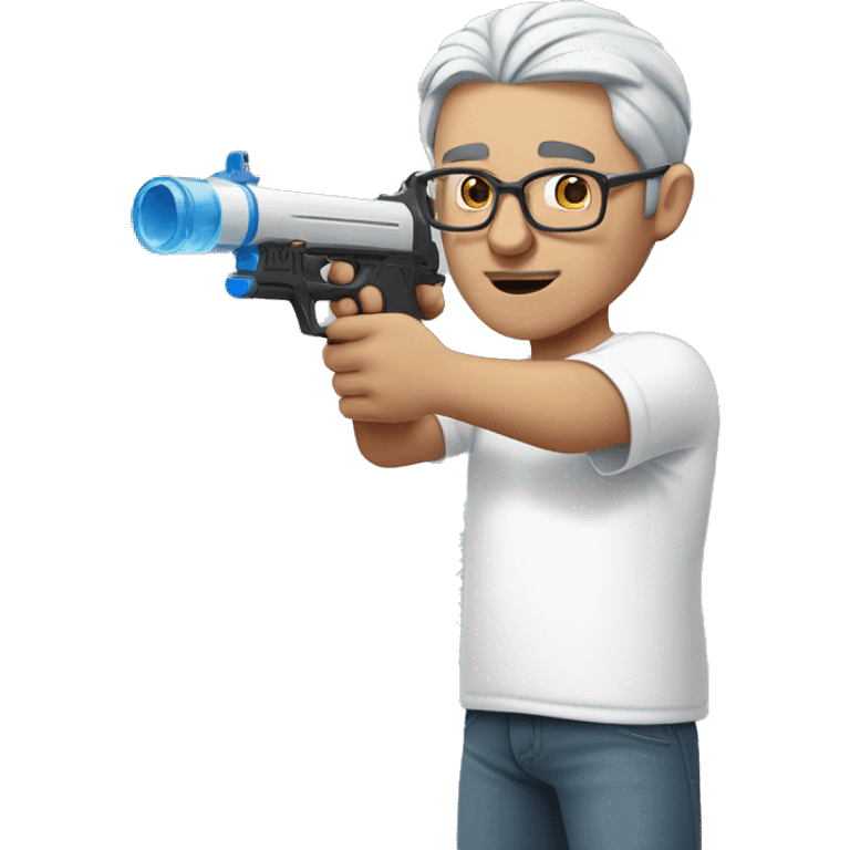 Turkish man with grey hair and protective glasses and white t-shirt aiming a water gun with one hand while standing sideways emoji