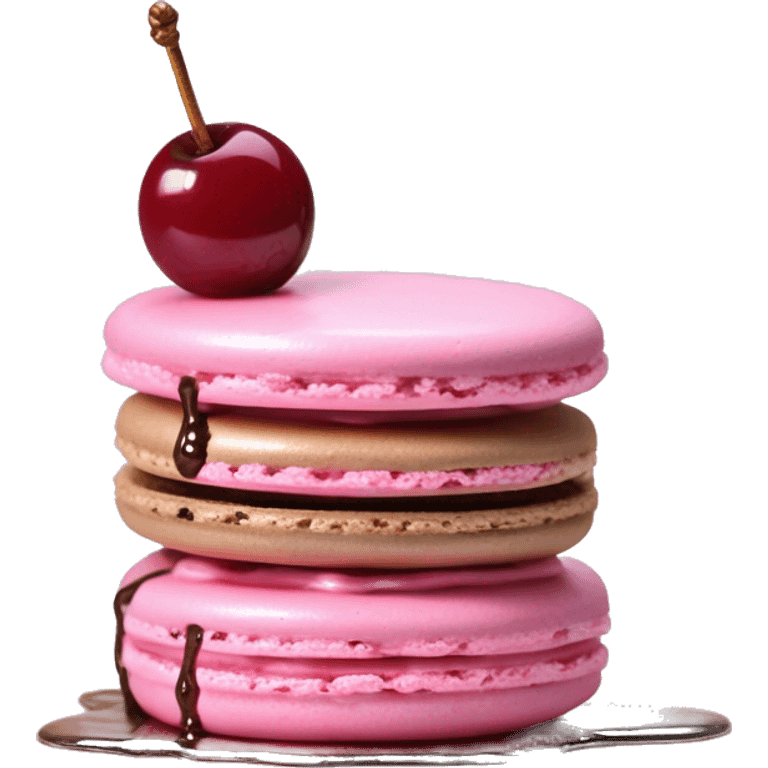 Single Realistic pastel macaron drizzled in metallic silver drip and pink cherry placed on top of the drip and cookies. emoji