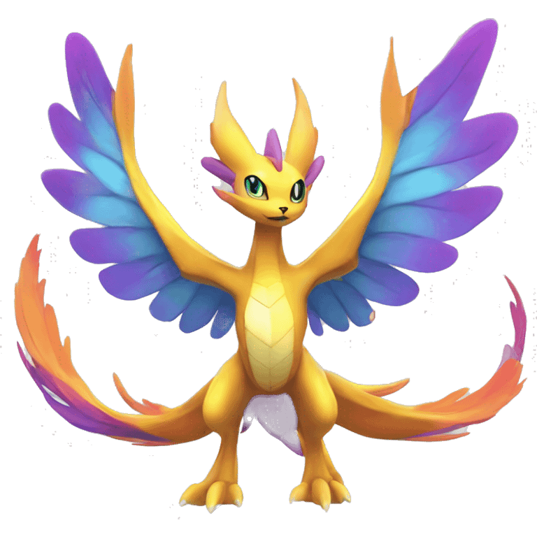 Celestial Colorful Vibrant Colors Flying Futuristic Fakémon-Legendary-Pokémon-Creature Full Body emoji