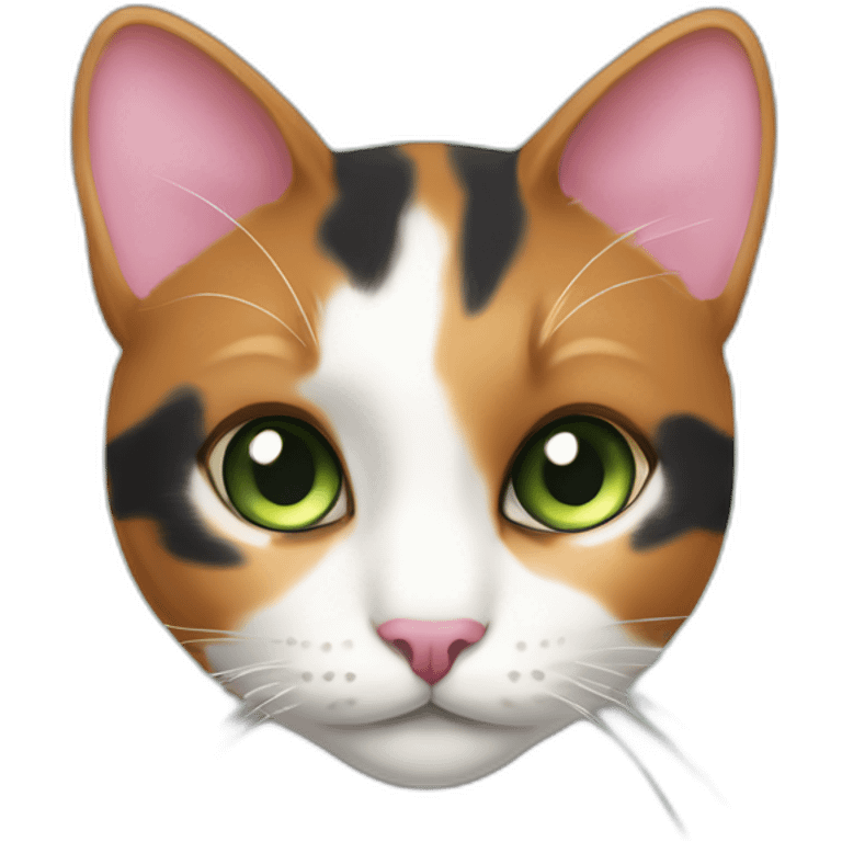 young striped calico cat face with a pink nose, white chin, green eyes, and orange/brown markings emoji