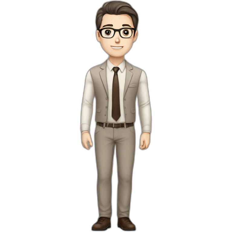 Pale skinned fit man with dark brown hair in gray jacket, beige office shirt, brown tie, brown pants and vintage glasses Writing text on a marker board emoji