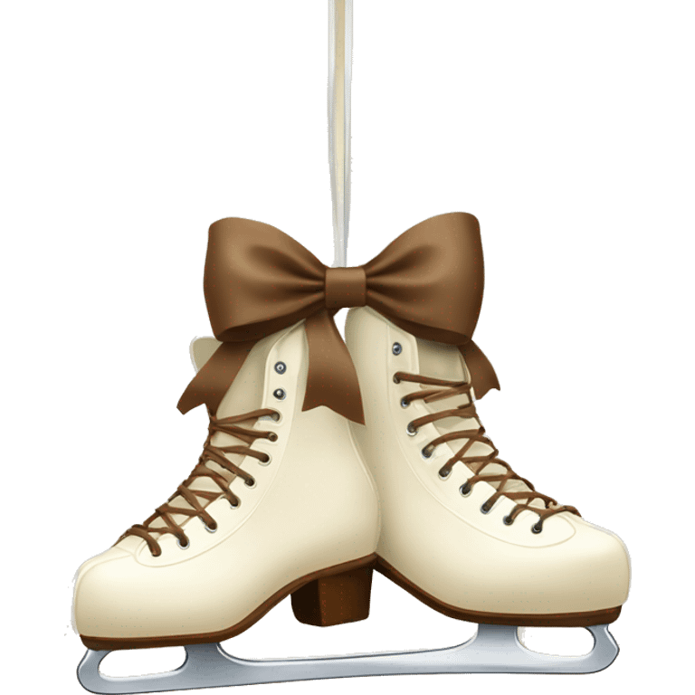 Cream color pair of ice skates hanging from a brown bow emoji