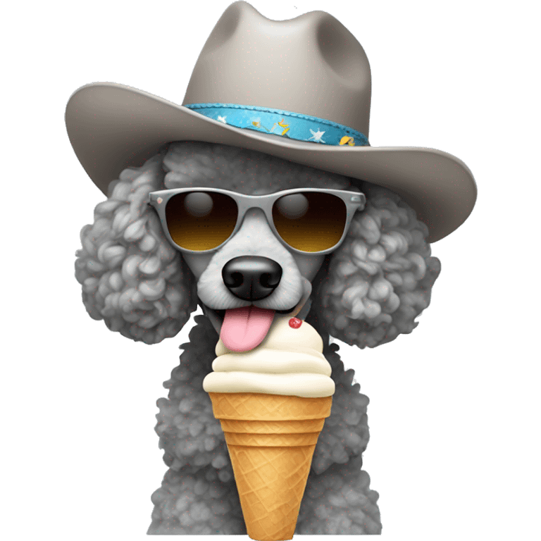 Grey poodle with sunglasses wearing cowboy hat eating ice cream emoji