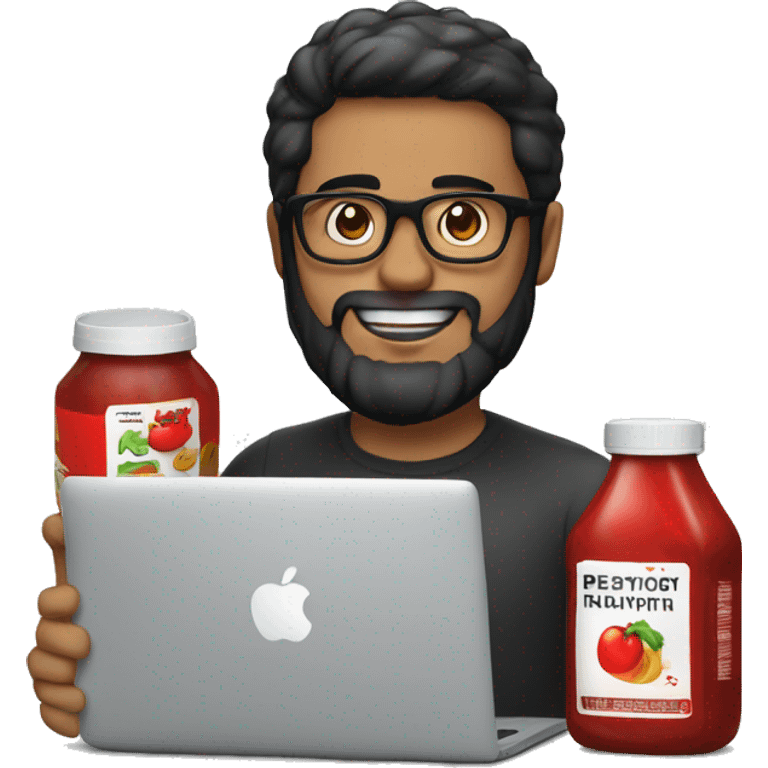 Designer with black hair, beard and glasses working with MacBook and ketchup bottle emoji