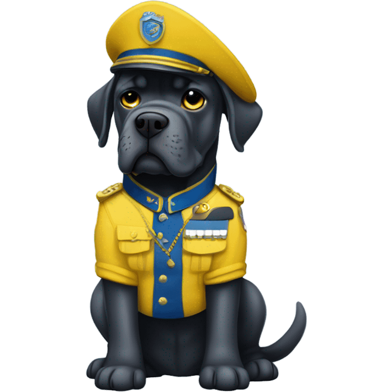 A Cane Corso dressed as a blue and yellow commando uniform. emoji