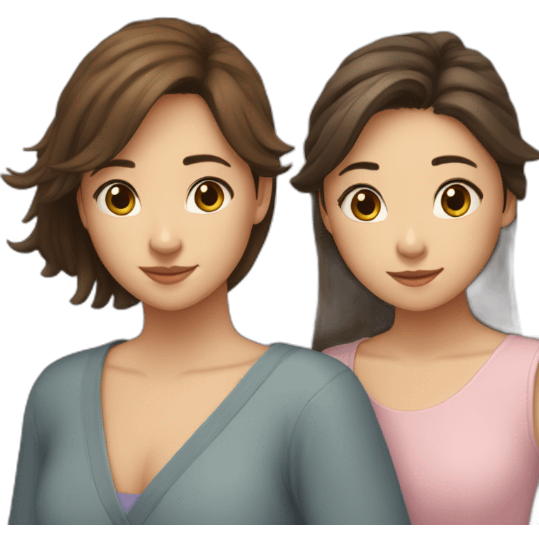 Two girls friends with brown hair, one with short hair, second asian with long hair hugging each other emoji