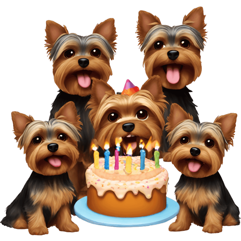 Five yorkies singing happy birthday with cake emoji