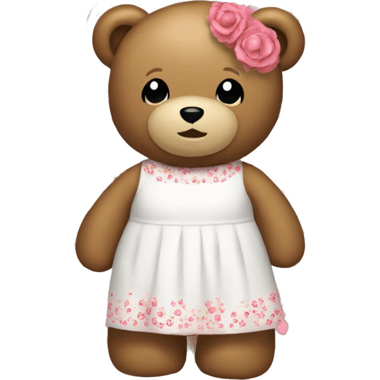 Teddy bear wearing a white dress with pink and red flowers on the dress as a pattern emoji