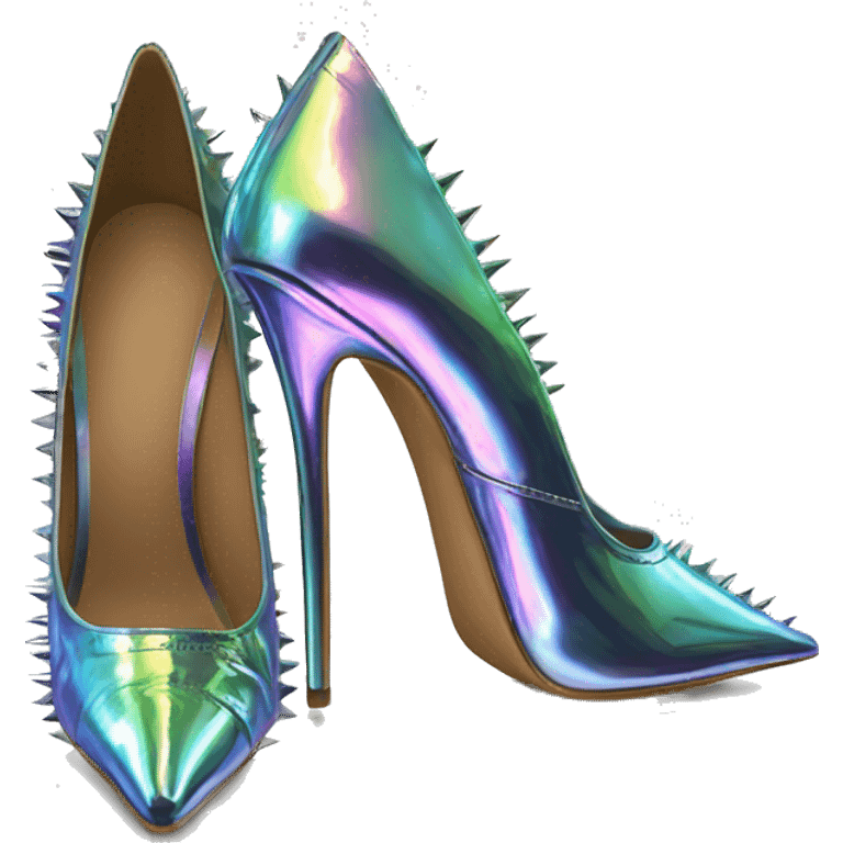 Realistic isolated top view of a pair of metallic iridescent spikey pointed toe high heel shoes. emoji