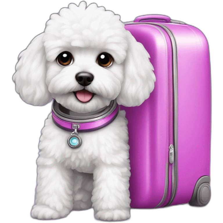 a white maltipoo as purple astronaut with a pink luggage emoji