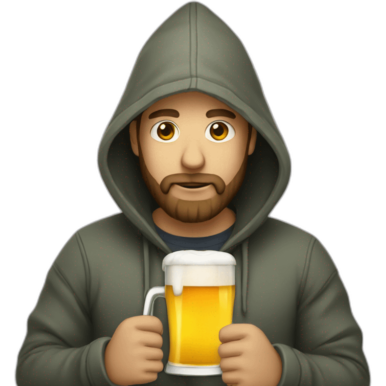 Developer with a beard wearing a hoodie drinking a beer emoji