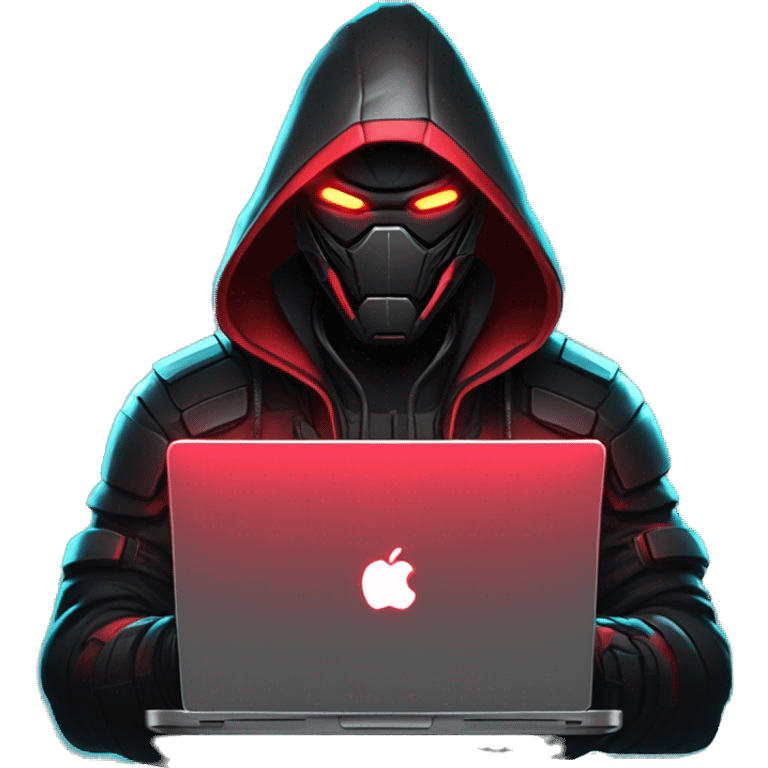 developer behind his laptop with this style : crysis Cyberpunk Valorant neon glowing bright red character dark red black hooded assassin themed character emoji