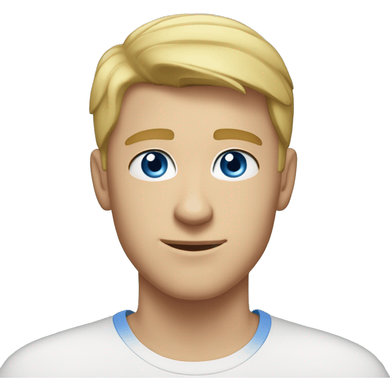 A head and shoulders shot of a 22 year old Caucasian man, with short blond hair,   with blue eyes wearing a t-shirt. emoji