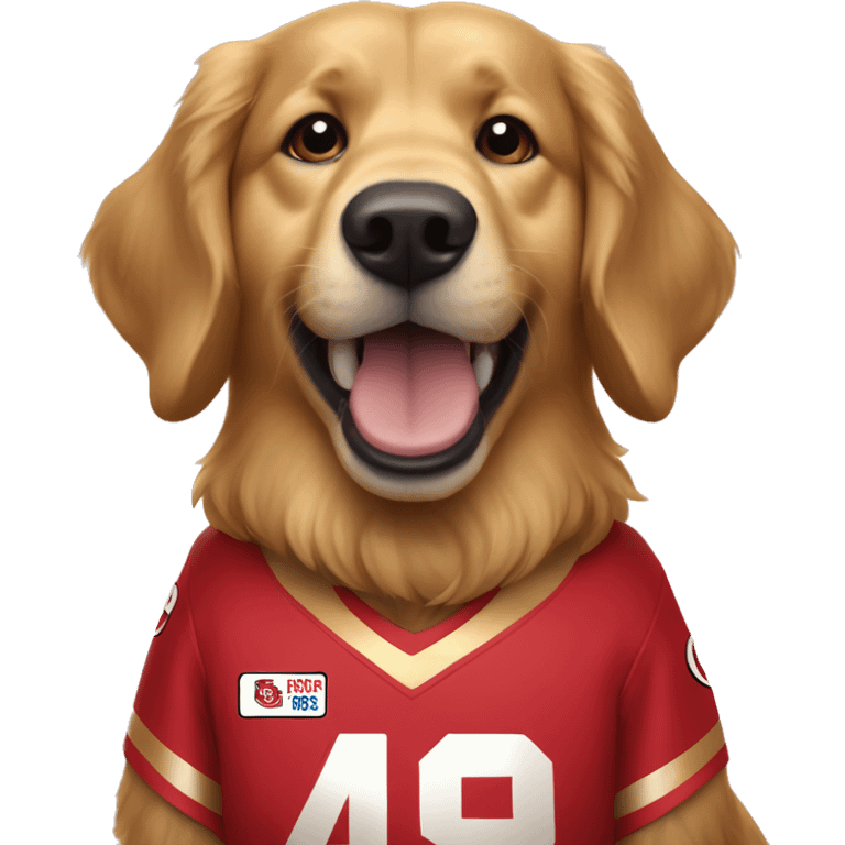 Golden retriever wearing 49ers jersey emoji