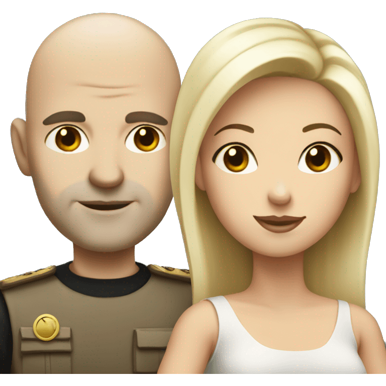 White bald man with black eyebrows holding long blond woman emoji