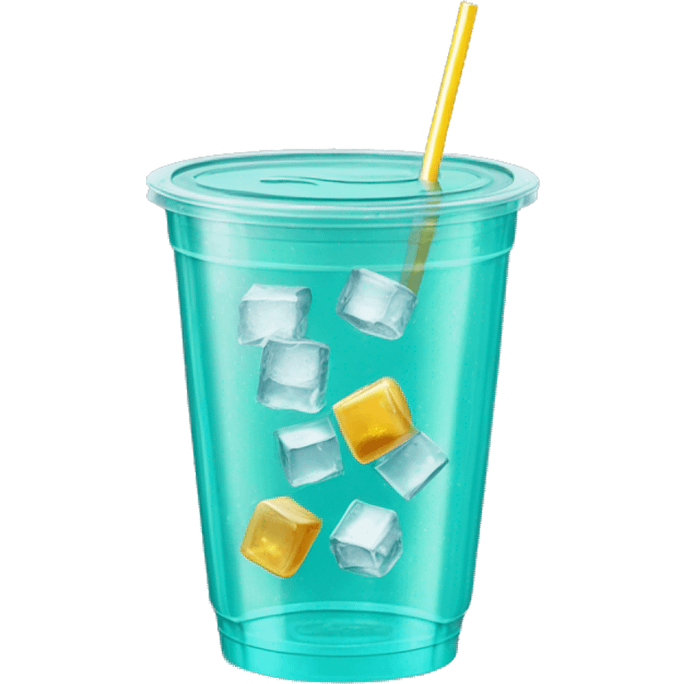 Realistic see through plastic cup and lid with Transluscent turquoise soda,straw and large ice cubes inside. emoji