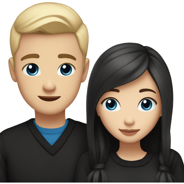 Blonde girl with blue eyes in black sweater and an east asian with light skin man with black hair and black eyes hugging emoji