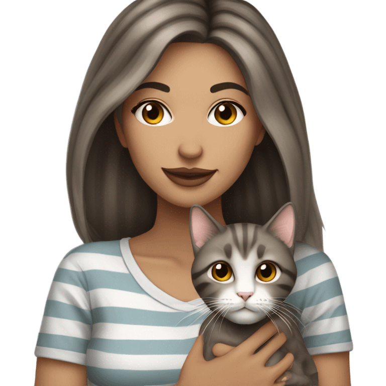 Beautiful brown haired tattooed woman holding gray and white striped long hair cat emoji