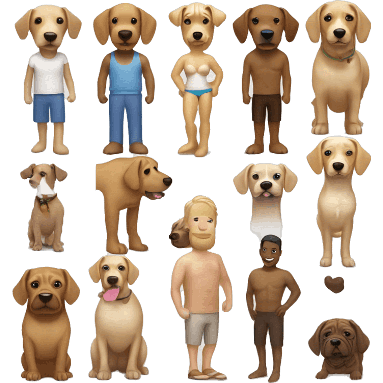 Tanned Blonde woman and tanned blonde man with two dogs - white dachshund and chocolate shar pei  emoji