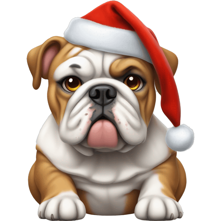 english bulldog with white pouty face wearing a christmas hat emoji