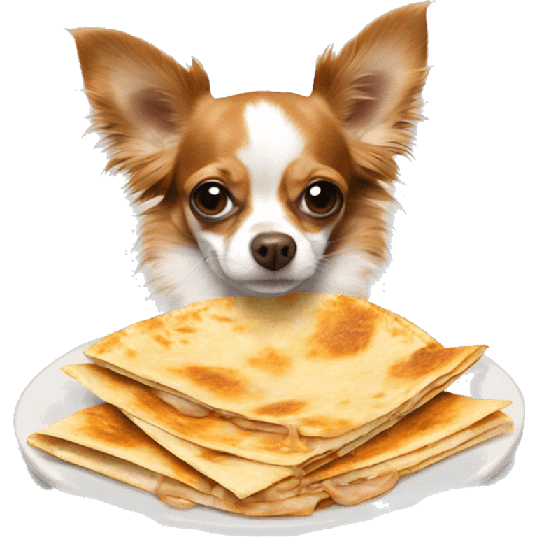 Long-haired reddish brown Chihuahua with white markings eating quesadilla emoji