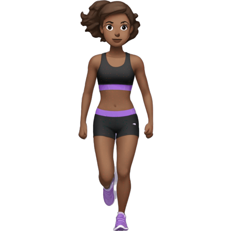 Running girl, brown hair, black sports bra, black shorts, lilac trainers emoji