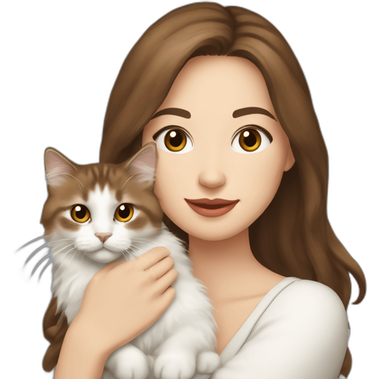 woman with brown hair holding a white Siberian cat emoji