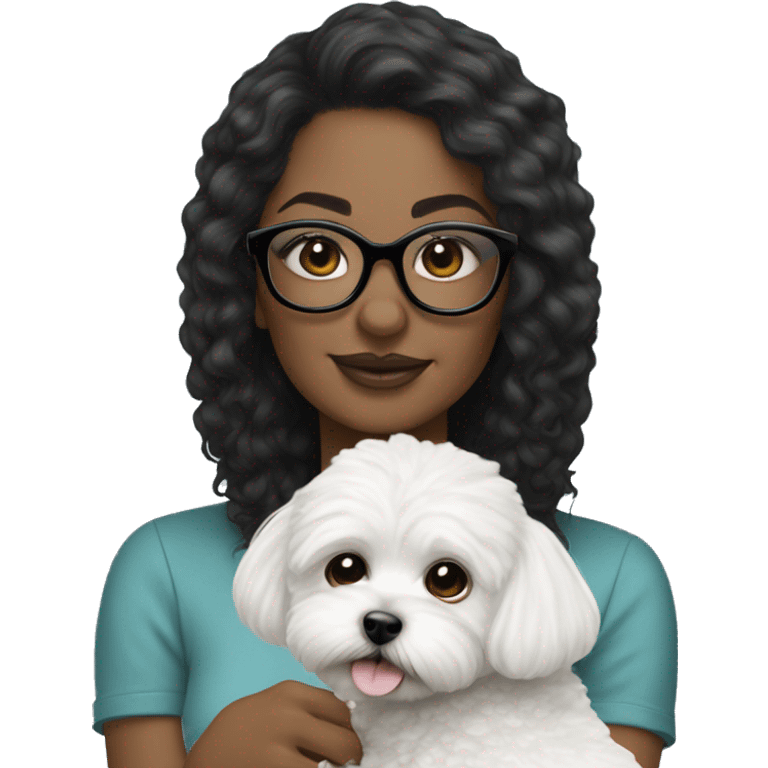 Beautiful woman with black glasses holding white MaltiPoo emoji