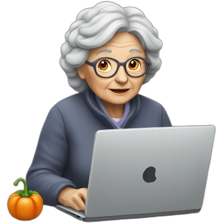 Old woman sitting with a Grey laptop and a vegetable emoji