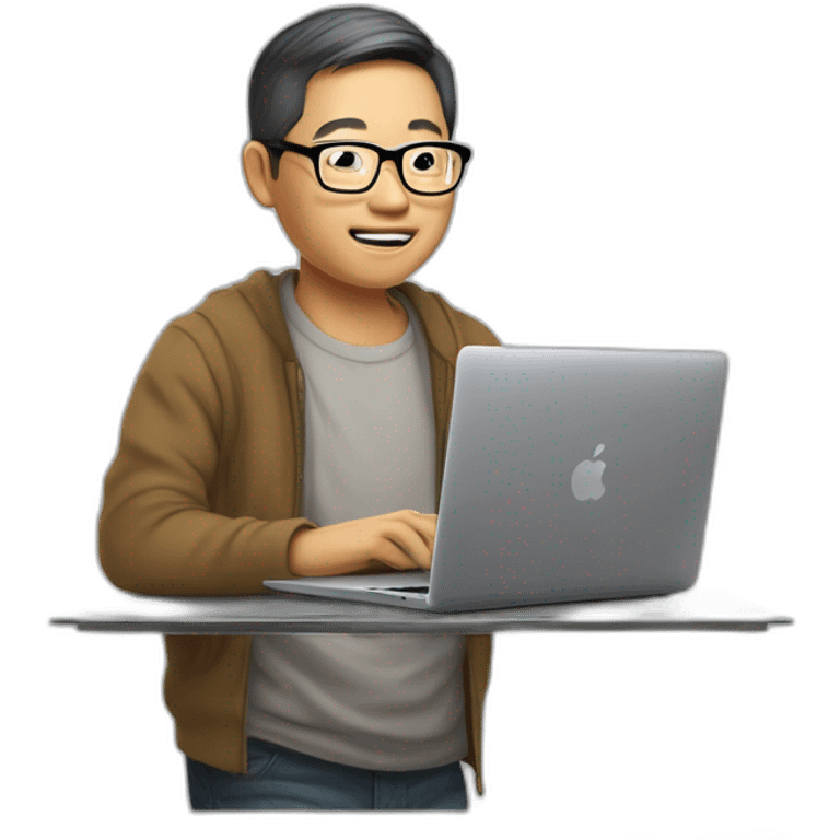 carrying semi-rimless glasses Aged 48 asian Guy  coding on the macbook emoji