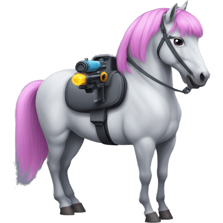 Gray horse with pink and blue hair. One of its front legs is a violet laser gun emoji