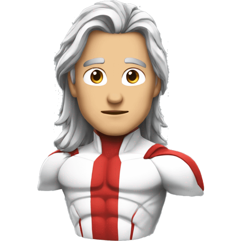 a male canadian superhero wearing red and white clothes including a mapple leaf width long dark grey hair in a ponytail emoji