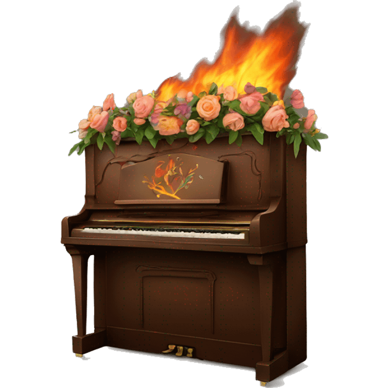 Burning Brown upright piano with flowers painted on the back of it emoji