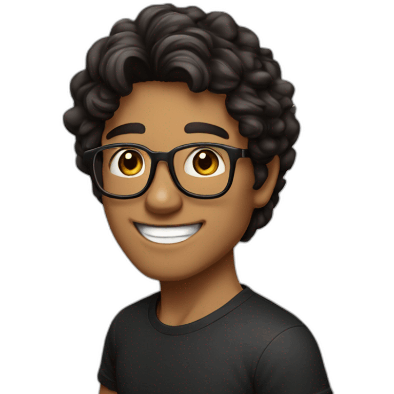 Caramel smiling guy, dark brown eyes, black long wavy hair, no facial hair, thin and long nose, round glasses, black t shirt emoji