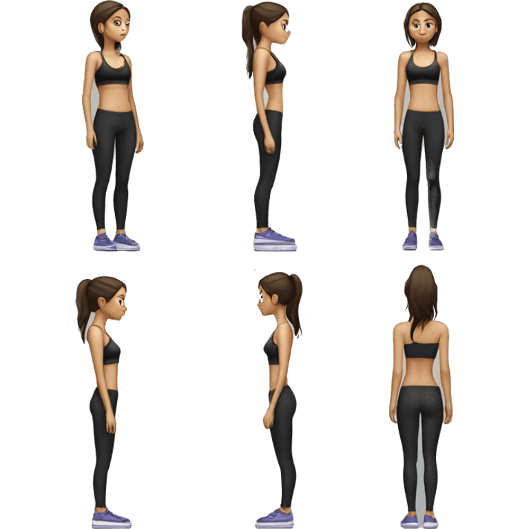 Side view of a brunette skinny girl standing on a bathroom scale, looking down, wearing black leggings and a sports bra emoji