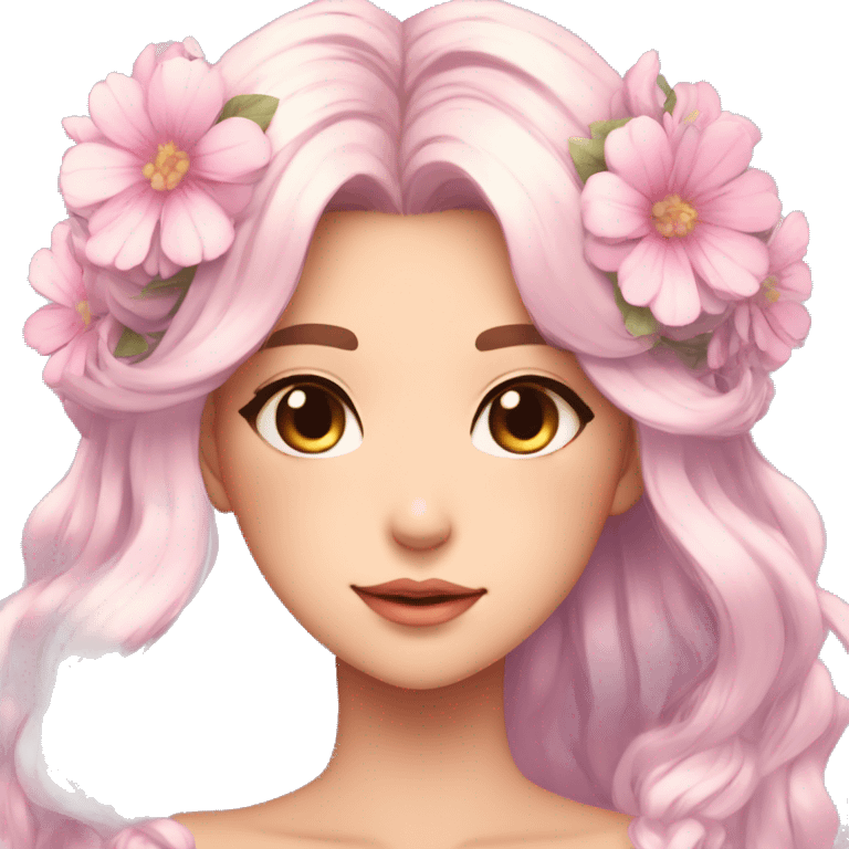 Shiny Gorgeous Pastel Anime Lady with blushing face and pretty hair with a flower crown aesthetic trending style emoji