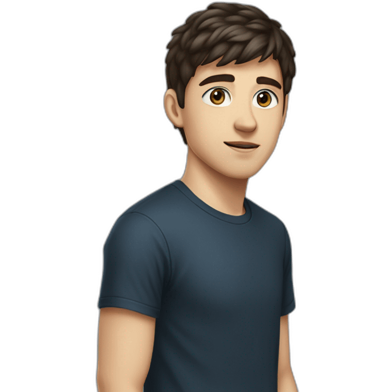 portrait of 18 years old guy, dark brown hair bangs to the left, blue gray eyes, black T-shirt emoji