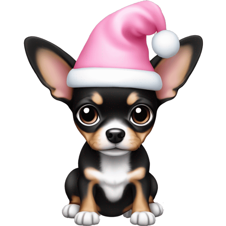 black & tan chihuahua puppy full body light blue eyes pink christmas hat on emoji