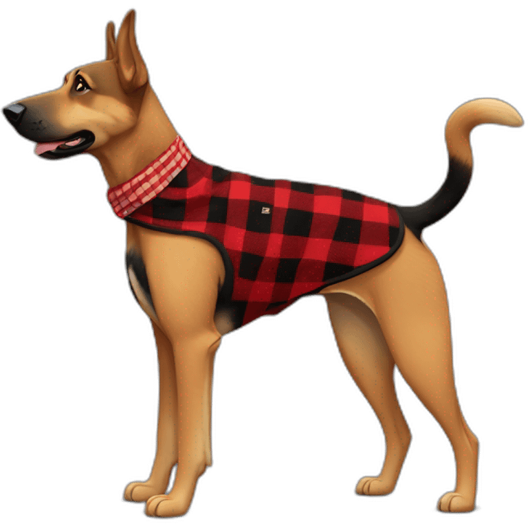 75% Coonhound 25% German Shepherd mix dog wearing small pointed red buffalo plaid bandana pointing down side view full body facing left emoji