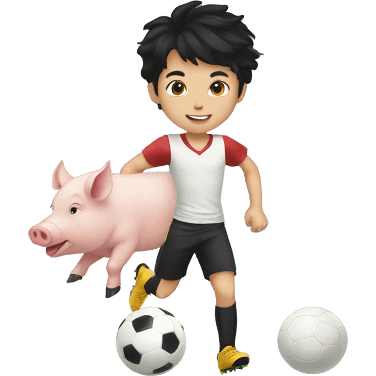 12 year old black haired white boy playing soccer with a pig emoji