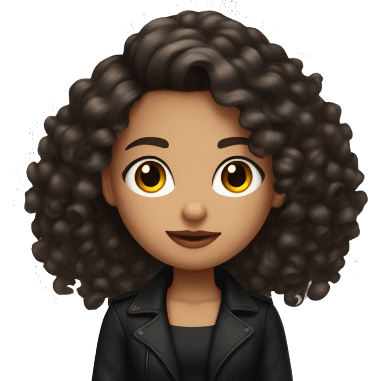 brunette girl with curly hair below her shoulders in a black jacket and a black top and a black long skirt and a red manicure and a daring look emoji