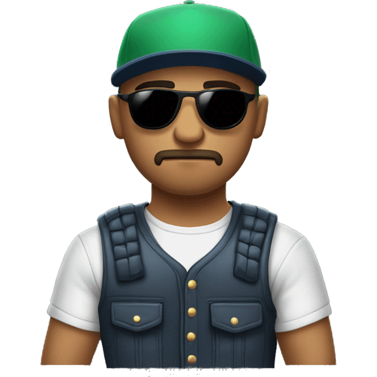 Bald Mexican young man with round face a dark beard baseball cap and dark cool sunglasses looking tough huge muscles emoji