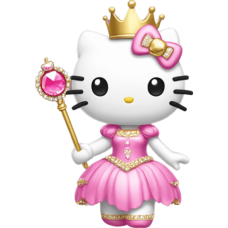 Hello Kitty wearing a pink princess dress with a gold magic wand in her hand and a gold tiara on her head with pink stones emoji