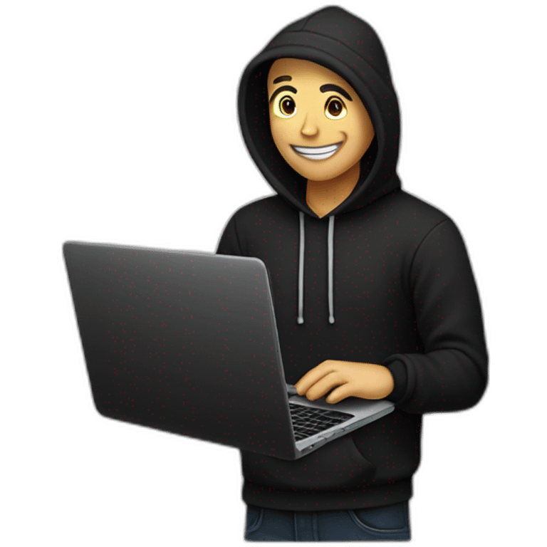 eyes-closed-laughing-male-with-regular-skin-and-blue-eyes-wearing-black-beanie-and-black-hoodie-and-holding-a-laptop-not-full-body-shot emoji