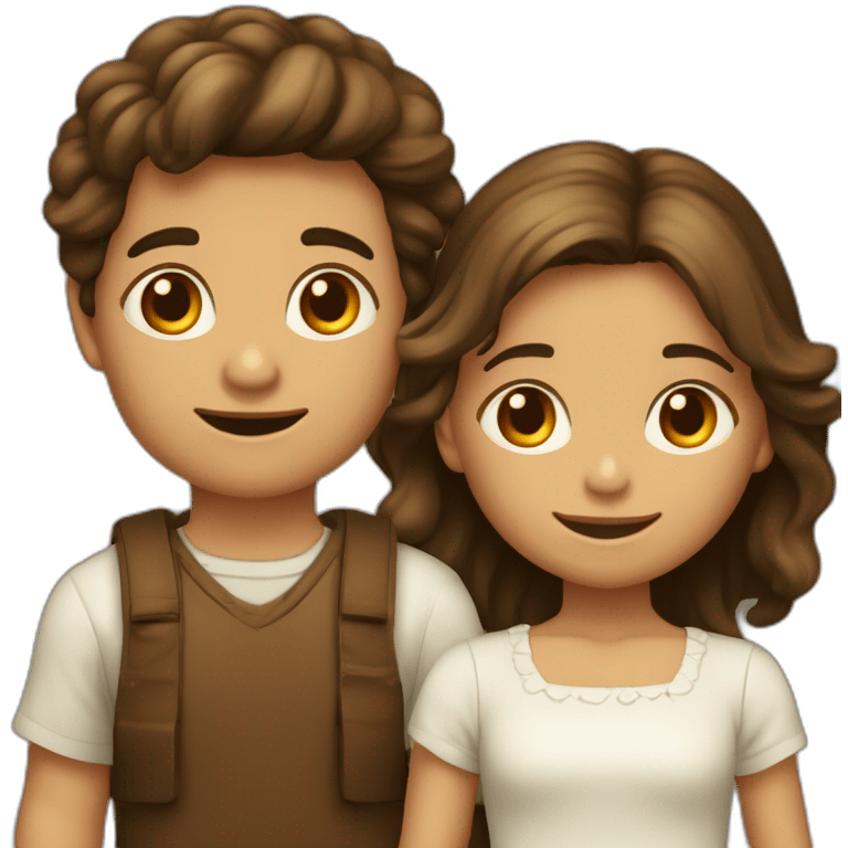 Gemelos Niño y niña de 8 años, niño pelo marrón claro y la niña pelo marrón oscuro rizado emoji